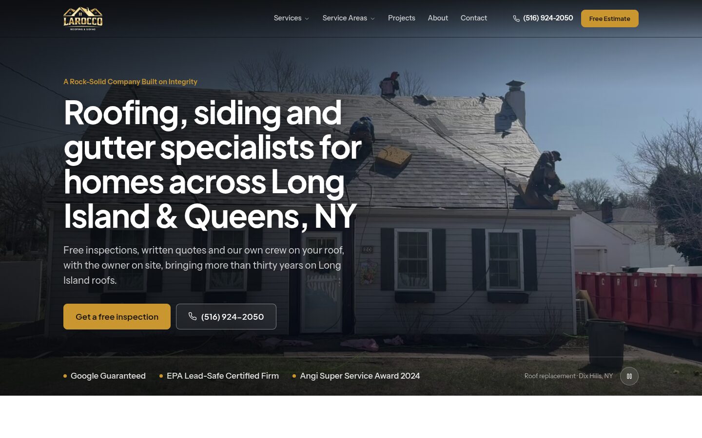 The LaRocco Roofing & Siding homepage, built and run by Local Authority